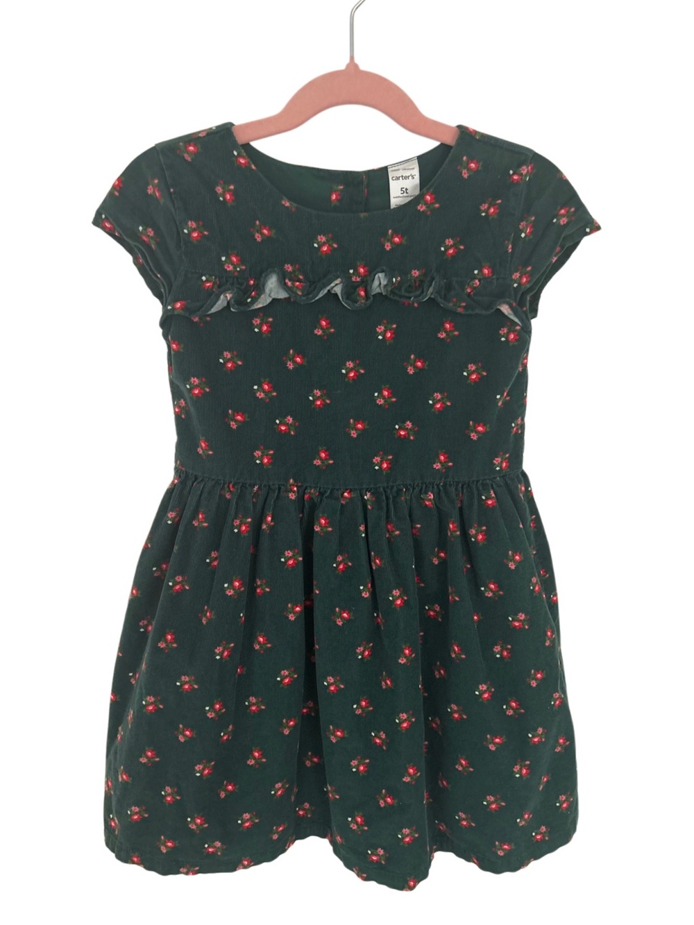 Carter's Toddler Girls Green Corduroy Floral Dress 5T Ruffle Button Back